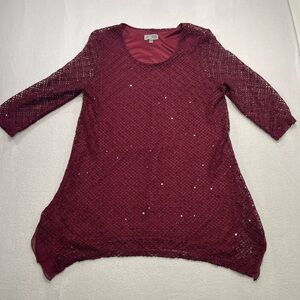 JM Collection Burgundy Sequin Lace Tunic Dress 3/4 Sleeve Large